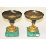 AN ATTRACTIVE PAIR OF BRONZE GILT BRONZE AND FAUX MALACHITE TAZZI,