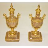 AN ATTRACTIVE PAIR OF GILT BRASS MOUNTED MARBLE URNS,