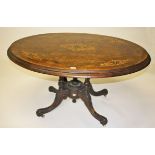 AN OVAL VICTORIAN WALNUT AND MARQUETRY CENTRE TABLE OR BREAKFAST TABLE, with moulded flip top,