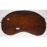 AN INLAID EDWARDIAN KIDNEY SHAPED MAHOGANY TRAY, 
with brass handles, as is, 23in (59cm).