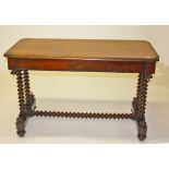 A RECTANGULAR VICTORIAN MAHOGANY SIDE OR CENTRE TABLE, with moulded top and plain frieze,