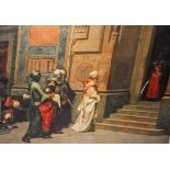 NORTH AFRICAN STREET SCENE, depicting Arabs and military on a street, over painted print on canvas,