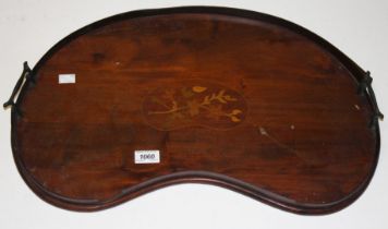 AN INLAID EDWARDIAN KIDNEY SHAPED MAHOGANY TRAY, with brass handles, as is, 23in (59cm).