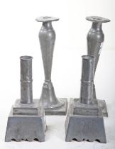 A PAIR OF 19TH CENTURY PEWTER CANDLE STICKS,