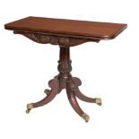 A WILLIAM IV PERIOD MAHOGANY FOLD OVER TEA TABLE, the moulded top with rounded corners,