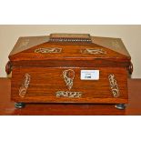 A WILLIAM IV PERIOD ROSEWOOD AND MOTHER O'PEARL INLAID TEA CADDY, of sarcophagus form,