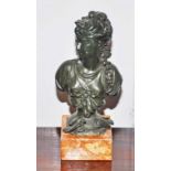 A COMPOSITION GREEN BRONZE BUST OF A CLASSICAL WOMAN WITH DOVES, on a square marble plinth,
