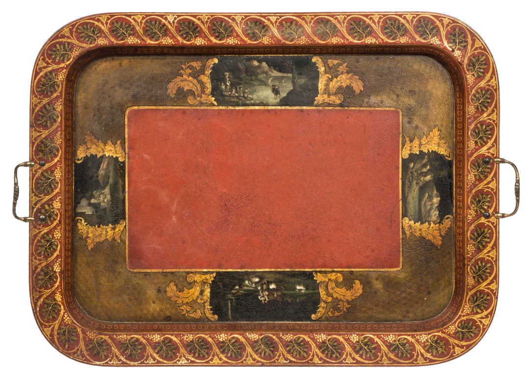 A FINE REGENCY PERIOD RED LACQUERED PAPER MACHÉ TRAY,