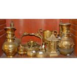 A PAIR OF INDIAN PIERCED BRASS POT POURRI BOTTLE VASES AND COVERS, each with pierced body and neck,