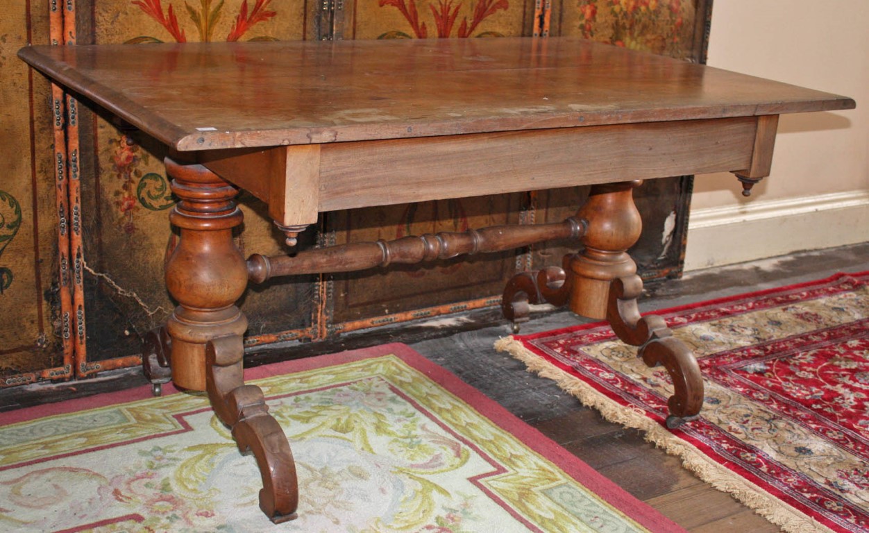 A VICTORIAN MAHOGANY LIBRARY TABLE, the rectangular top on a pair of baluster turned stems,
