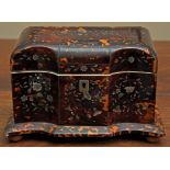 A LATE REGENCY PERIOD TORTOISE SHELL AND MOTHER O' PEARL INLAID TEA CADDY, of serpentine form,