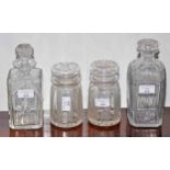 A PAIR OF CUTGLASS PICKLE JARS AND COVERS, 6" (15cm); a square cut glass case decanter and stopper,