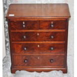 A MINIATURE FIGURED MAHOGANY APPRENTICE PIECE CHEST, or specimen chest,