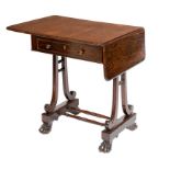 A FINE WILLIAM IV PERIOD ROSEWOOD SOFA TABLE, with two rectangular flaps flanking a frieze drawer,