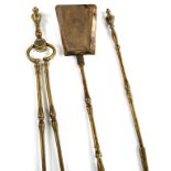 A SET OF THREE 19TH CENTURY HEAVY BRIGHT CUT BRASS FIRE IRONS, comprising a tongs with urn finial,