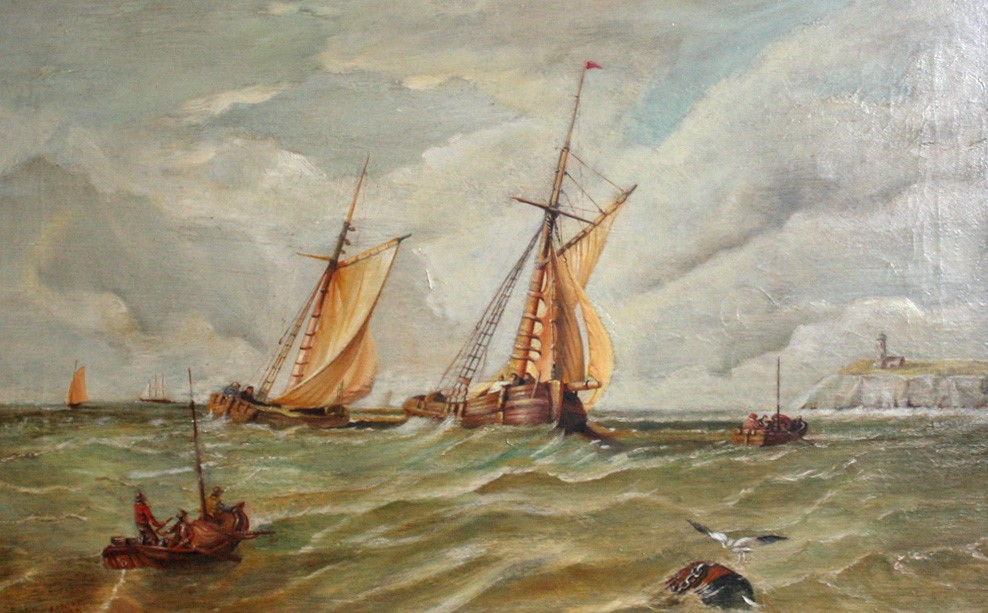 WILLIAM MEADOWS (ACT. 1870-1895), Fishing Boats in Choppy Waters off a Coastline, O.O.C.