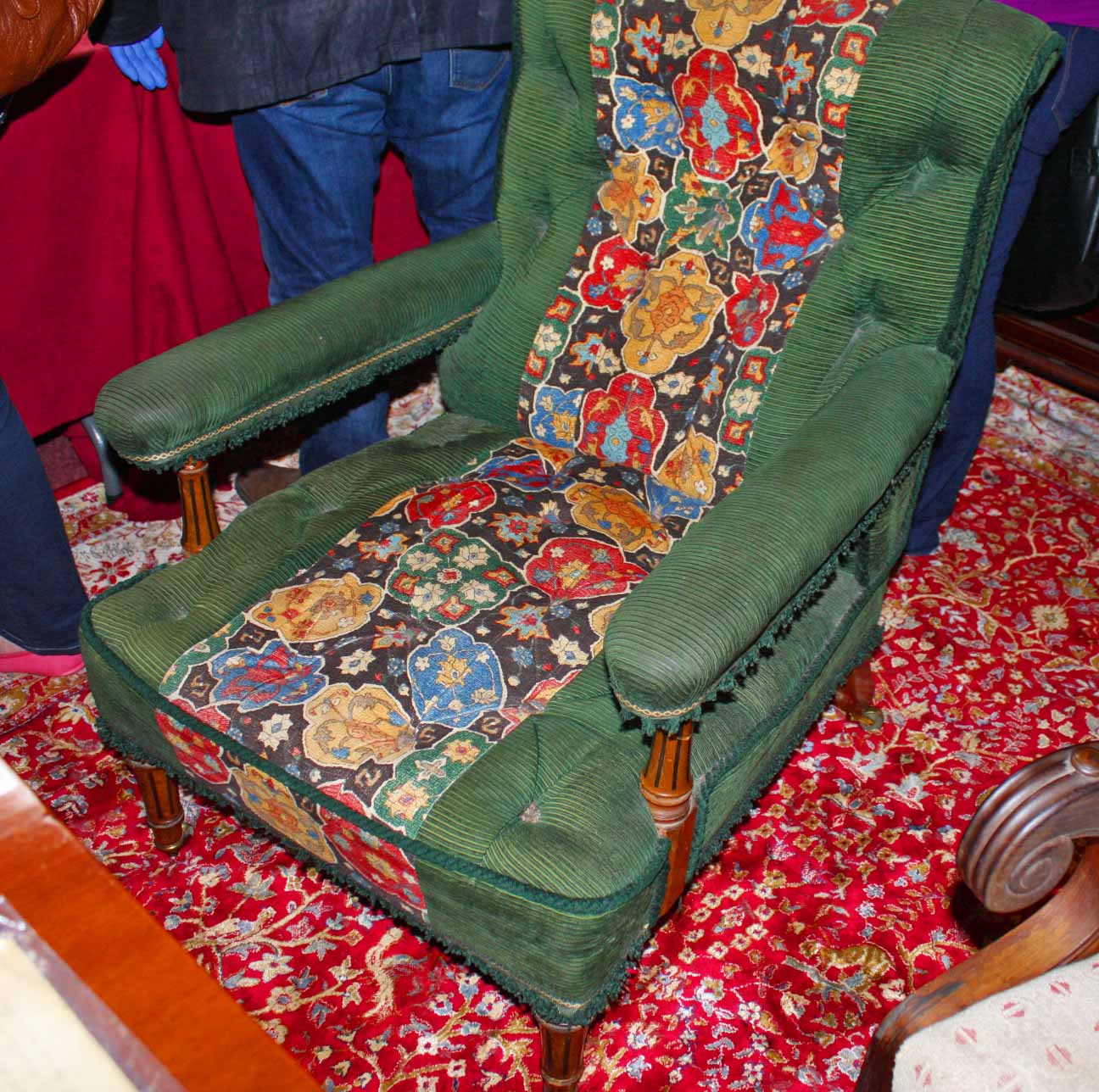 A VERY ATTRACTIVE EDWARDIAN LIBRARY ARMCHAIR, with tapestry covered back, seat and arm rests,