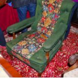 A VERY ATTRACTIVE EDWARDIAN LIBRARY ARMCHAIR, with tapestry covered back, seat and arm rests,
