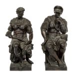 A VERY HEAVY PAIR OF BRONZE CLASSICAL FIGURES 19th Century, 0ne modelled as Lorenzo de Medici,