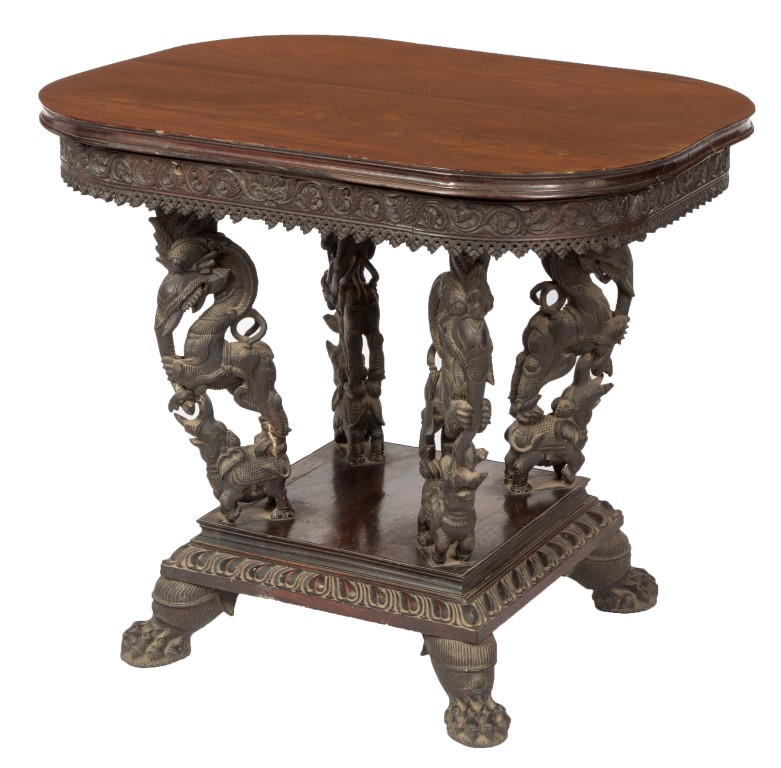 A HEAVY 19TH CENTURY RECTANGULAR INDIAN CARVED ROSEWOOD CENTRE TABLE,