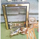 A BRASS FIRE PLACE INSET, together with a quantity of brass fire furniture and ornaments.