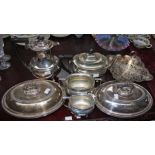 A PIERCED AND SILVER PLATED SANDWICH STAND, a pair of oval silver plated entrée dishes and covers,