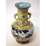 A VERY ATTRACTIVE CHINESE FAMILLE VERTE VASE, the flaring neck with two elephant mask handles,
