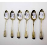 SIX SIMILAR IRISH AND ENGLISH GEORGIAN SILVER DESSERT SPOONS, three crested.