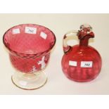 A MARY GREGORY STYLE CRANBERRY GLASS STEM BOWL, decorated with a young girl in a garden,