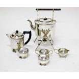 AN OVAL SILVER PLATED TEA KETTLE AND STAND, in the style of Christopher Dresser,