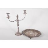 A TWO-BRANCH THREE-LIGHT SILVER PLATED CANDELABRUM,