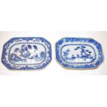 TWO SIMILAR NANKIN CHINESE BLUE AND WHITE PLATTERS, each of rectangular form with canted corners,