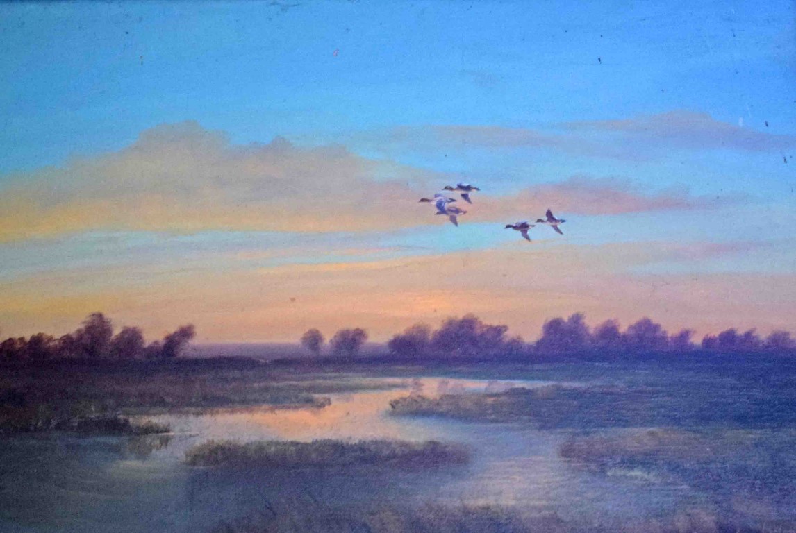 ROBERT JOBSON (20TH CENTURY), Ducks in Flight over the Wexford Slobs, O.O.C.