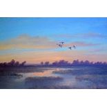 ROBERT JOBSON (20TH CENTURY), Ducks in Flight over the Wexford Slobs, O.O.C.