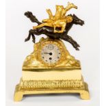 A SMALL FRENCH BOUDOIR MANTLE CLOCK, with lever movement, the bronze and gilt bronze case,