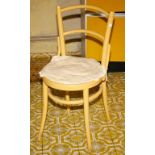 A SET OF SIX OLD PAINTED BENCH WOOD KITCHEN CHAIRS,