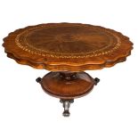 A VICTORIAN KILLARNEY YEW WOOD AND MARQUETRY CENTRE TABLE,
