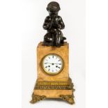 A FINE SIENNA MARBLE, BRONZE AND GILT BRONZE FRENCH MANTEL CLOCK, 19th century, by Pons of Paris,