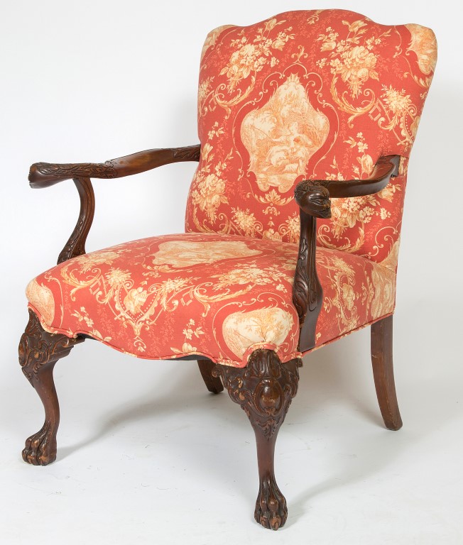 AN ATTRACTIVE MAHOGANY GAINSBOROUGH TYPE ARMCHAIR, in the 18th century style,
