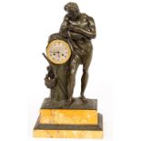 A FINE BRONZE AND MARBLE MANTEL CLOCK, the French lever movement, with outside count wheel,