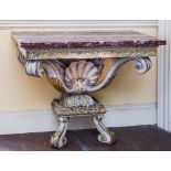 AN EXTREMELY FINE RARE PAIR OF 18TH CENTURY CARVED, PAINTED AND PARCEL GILT CONSOLE TABLES,