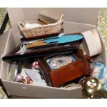 A LARGE BOX OF MISCELLANEOUS ITEMS, including brass candlesticks, two clocks, various other items,