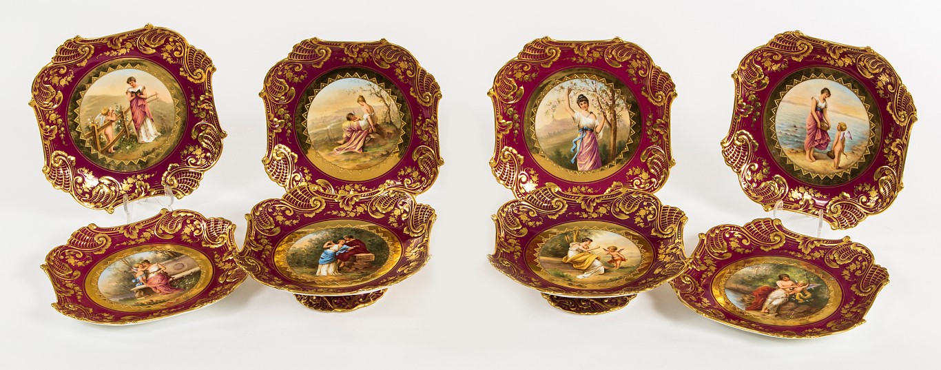 A VERY FINE EIGHT PIECE HAND PAINTED VIENNA PORCELAIN CABINET DESSERT SERVICE,