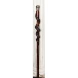 AN UNUSUAL CARVED WOODEN WALKING CANE, the shaft carved with a coiling snake,