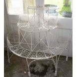 A 19TH CENTURY THREE TIER BOW FRONTED WROUGHT IRON AND WIRE MECHE CONSERVATORY STAND OR PLANTER,