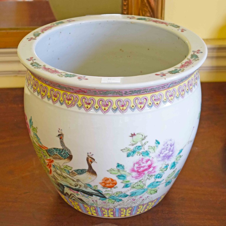 A MODERN CHINESE FAMILLE ROSE PORCELAIN JARDINIERE, decorated with peacock and peahen in flowers,