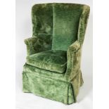 A LATE 19TH CENTURY WING BACK ARMCHAIR, covered in green fabric, with high back,