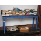 A PAIR OF OBLONG BLUE PAINTED AND PARCEL GILT SIDE TABLES,