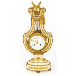 A 19TH CENTURY FRENCH WHITE MARBLE AND ORMOLU MOUNTED LYRE CLOCK,