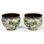 A LARGE PAIR OF VERY ATTRACTIVE JAPANESE CLOISONNE ENAMEL JARDINIERES each with a Greek key border,